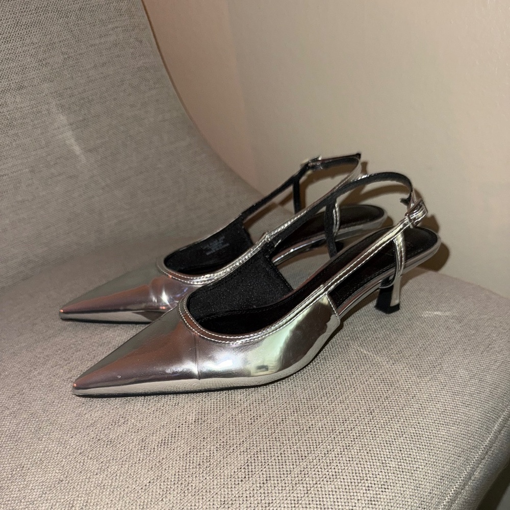 Silver Metallic Slingback Kitten Heels - Excellent Condition